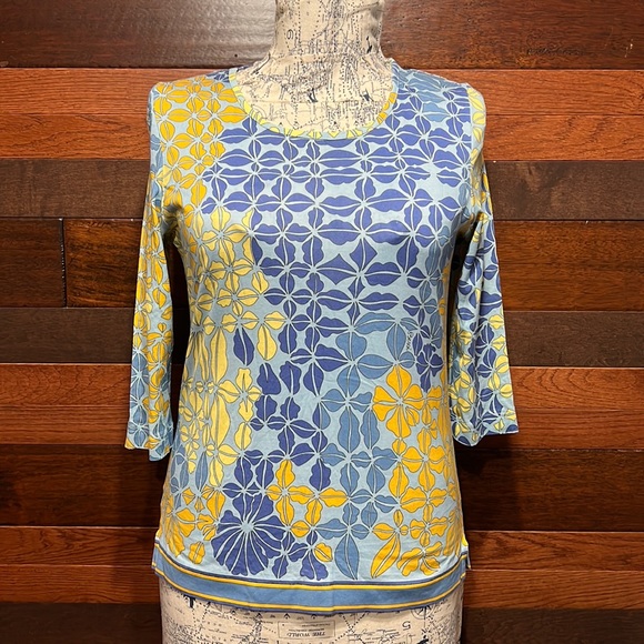 Averardo Bessi Tops - Averardo Bessi Scoop Neck 3/4 Sleeve Floral Yellow and Blue Blouse